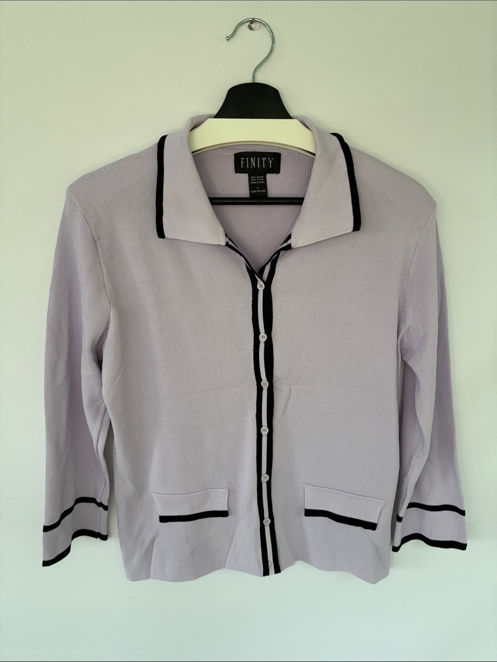 Finity Lavender Knit Button-Front Ribbed Cardigan with Black Trim Large